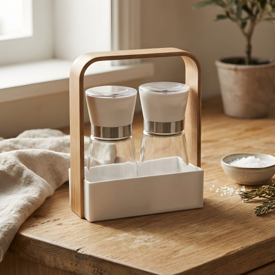 Spice Grinder Set with Wooden Base - 2 Pcs